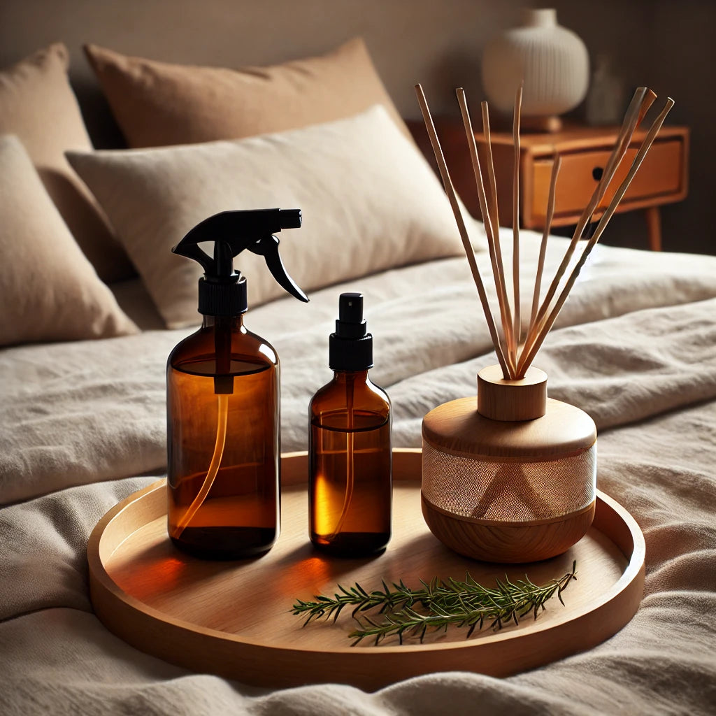 difusor, home spray e água para lençóis
