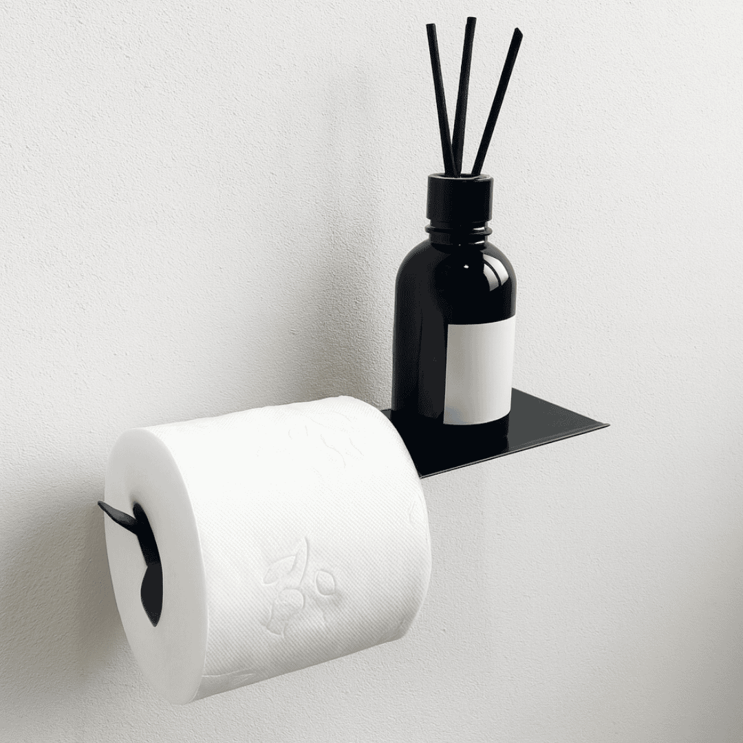 Porta papel higiênico preto minimalista com suporte superior para aromatizador de ambiente em frasco de vidro, ideal para banheiros modernos