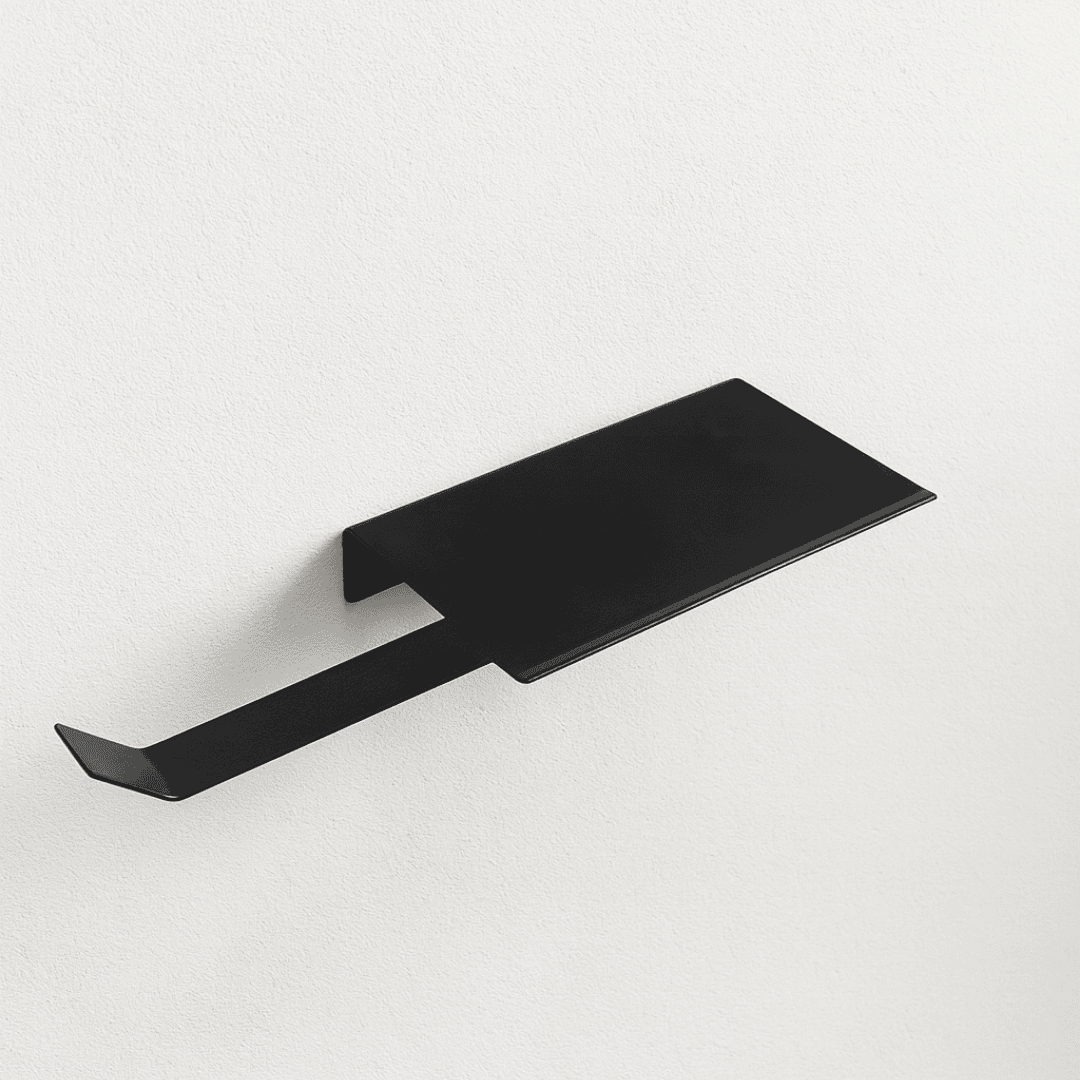 Porta papel higiênico preto minimalista com prateleira superior, suporte multifuncional para banheiro moderno e organizado